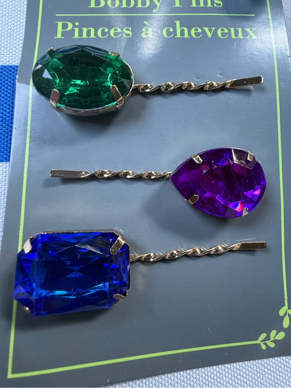 Vintage Gemstone Bobby Pins - Green, Purple, Blue